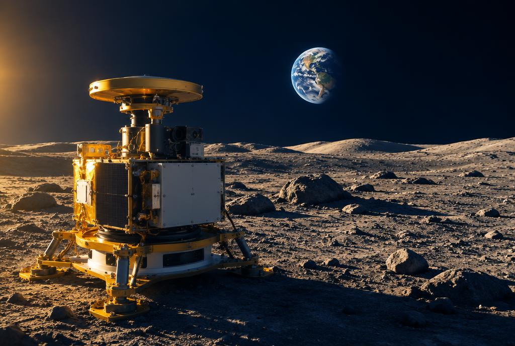 Scientific navigation instrument on the Moon with Earth above the horizon